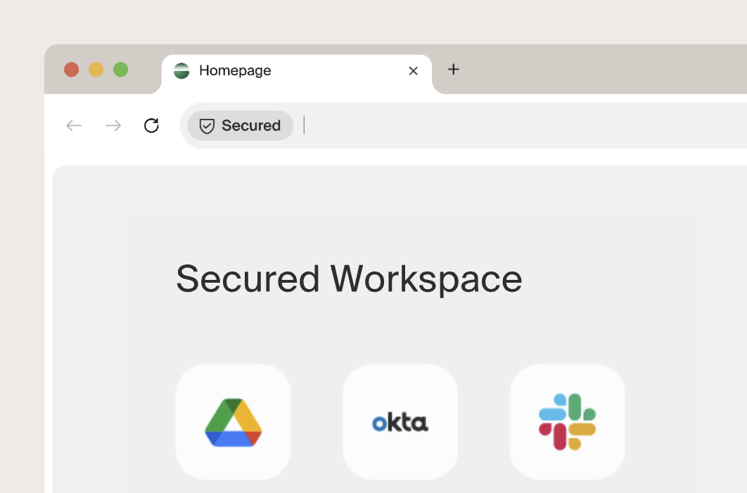 The Island Enterprise Browser showing its Secured Workspace with a Secured address-bar badge and app tiles for Google Drive, Okta, and Slack